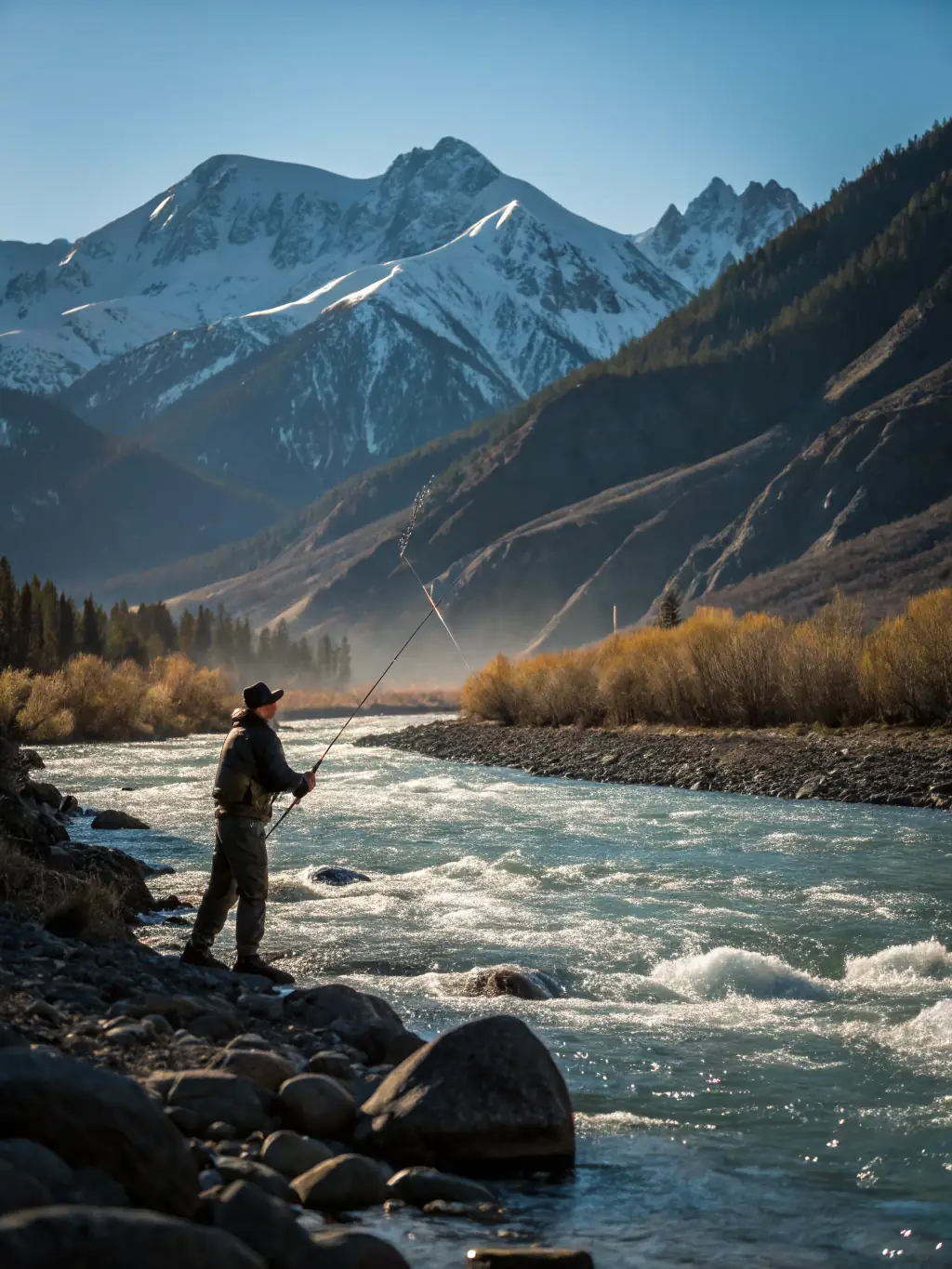 A picturesque image of a fly fisherman casting a line into a clear, rushing river in Montana, surrounded by lush greenery and towering mountains.