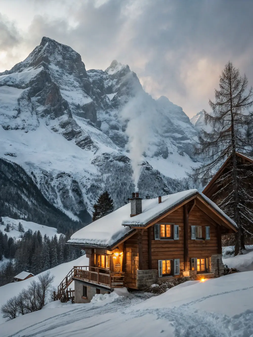 A high-quality photograph showcasing a log cabin nestled in a snowy mountain landscape in Montana, emphasizing the rustic charm and winter recreational opportunities.