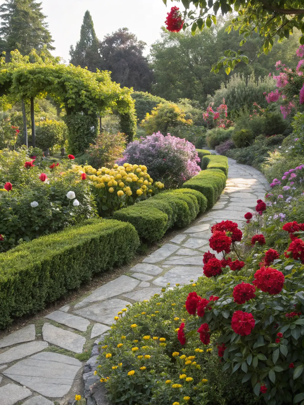 A vibrant image of a well-maintained garden in Montana, showcasing a variety of flowers, vegetables, and a charming greenhouse.
